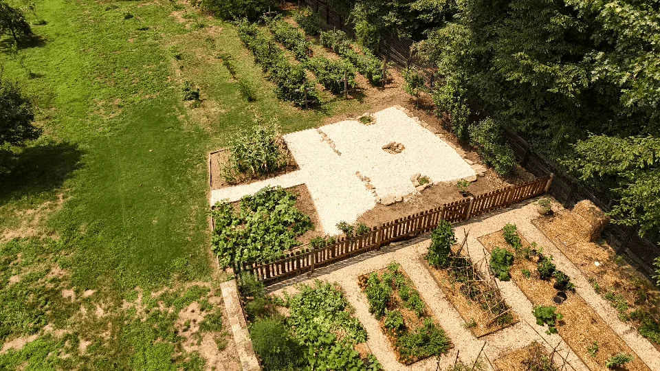 Beds and gravel paths beside the orchard